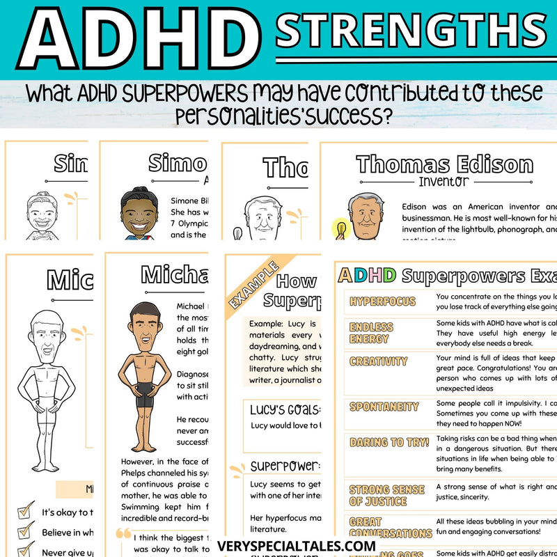 8 worksheets from the ADHD Superpowers Worksheet containing facts about various famous people with ADHD, including Thomas Edison.  Each worksheet comes with an illustration of the individual that children can colour in.