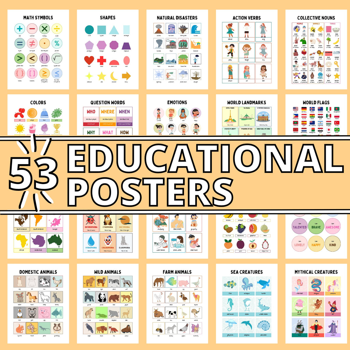 20 educational posters containing various infographics for children against a soft orange background.