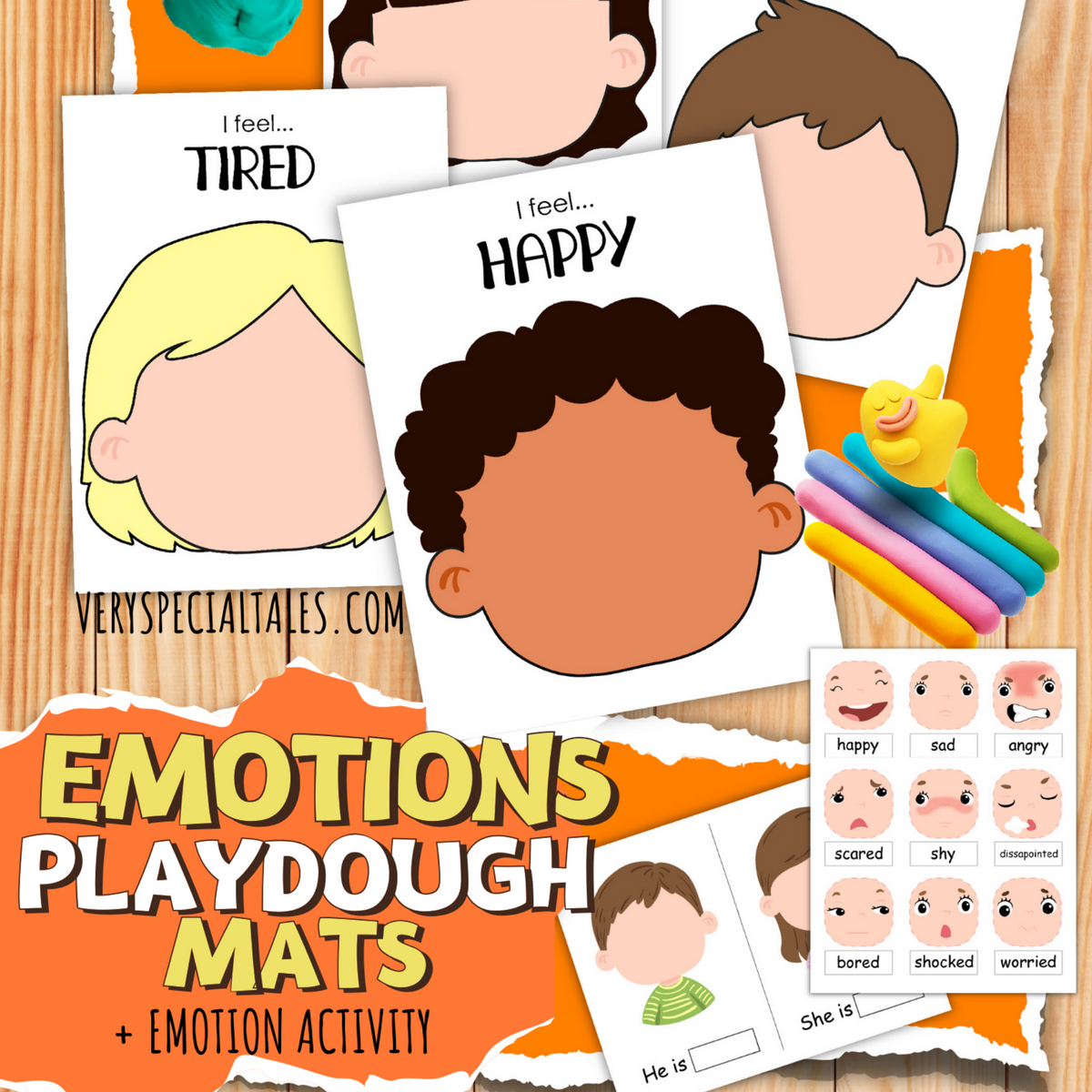 Cards containing playful illustrations of children's heads where play dough faces can be made and placed onto.
