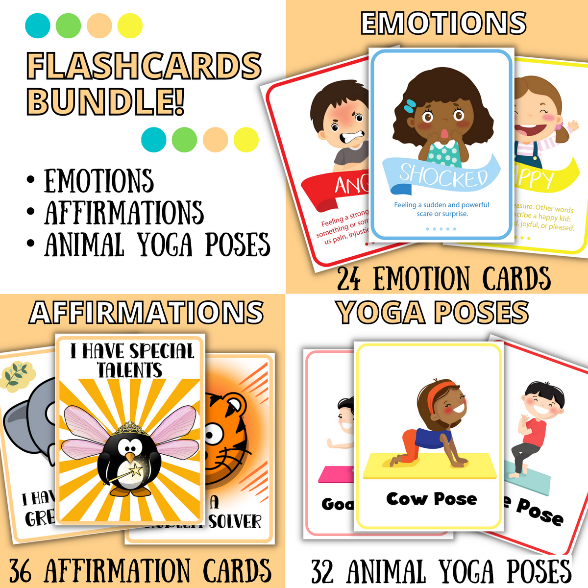 Flashcards Bundle including Emotions, Affirmations and Animal Yoga Poses. All have playful illustrations of children and animals.