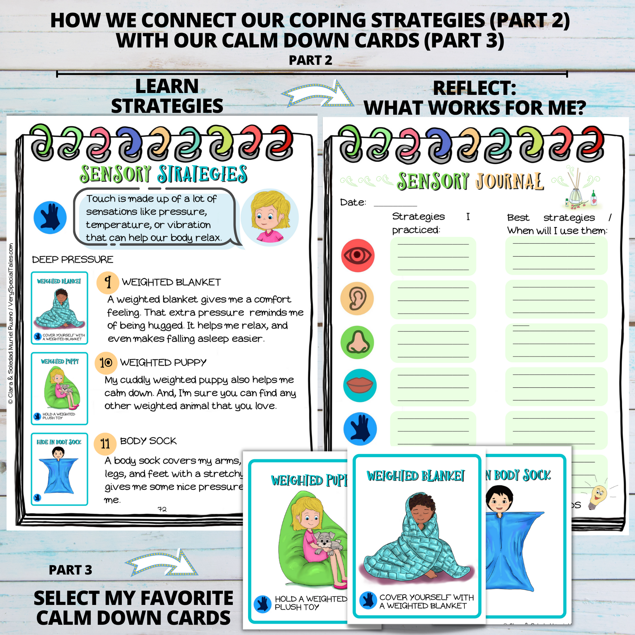 A notebook on a white wooden background contains playfull illustrations depicting children&