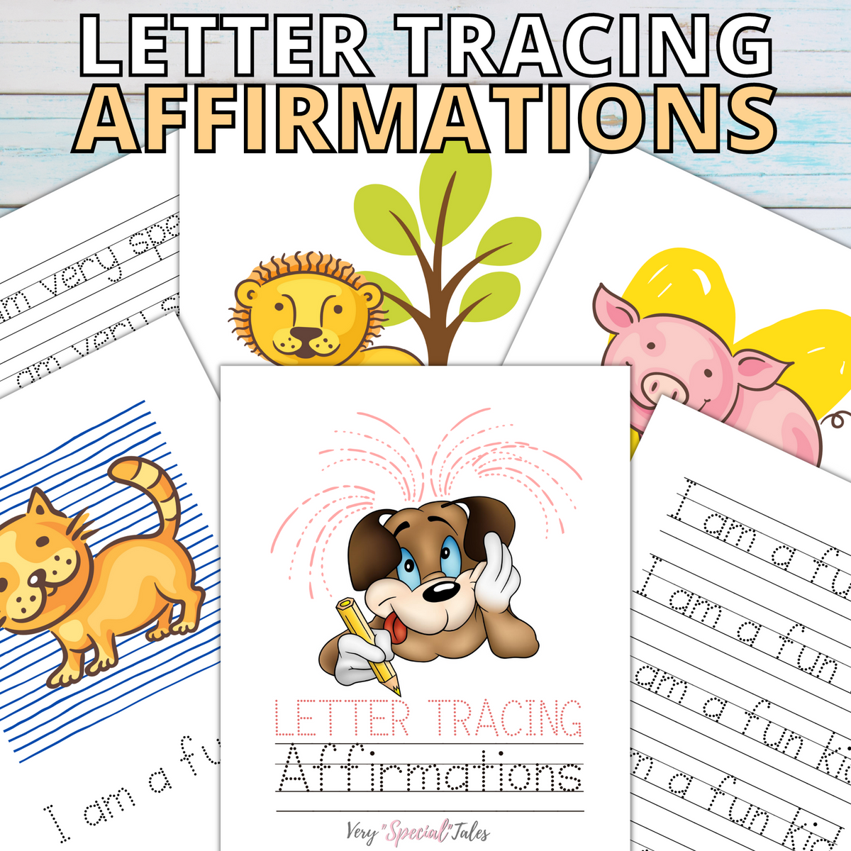 Worksheets containing playful animal illustrations and letter-tracing activities for children.