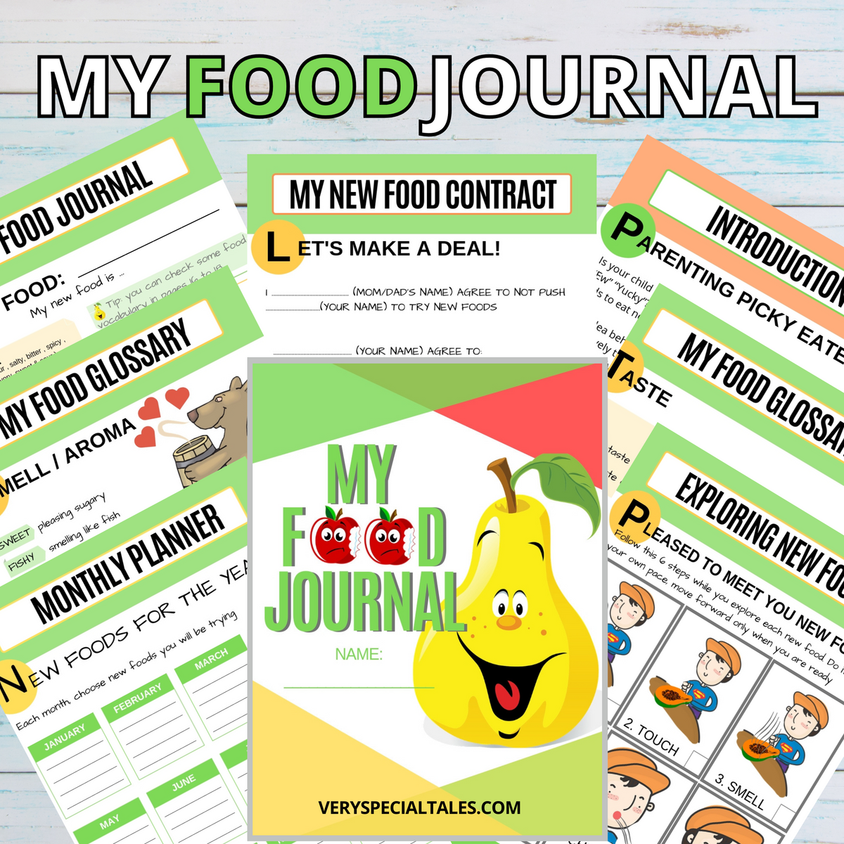 Examples of pages from My Food Journal, containing playful illustrations of food and children eating, with activities and planners.