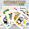 A pile of Affirmations cards containing playful illustrations of animals, including penguins, a zebra and a cheetah, alongside affirmations for children.