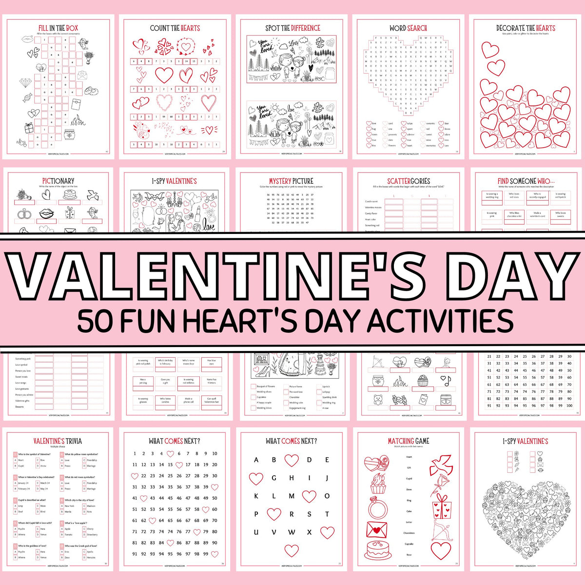 20 Valentine's Day worksheets containing heart-themed activities for children, including questions/prompts, word searches, colouring pages and matching games.
