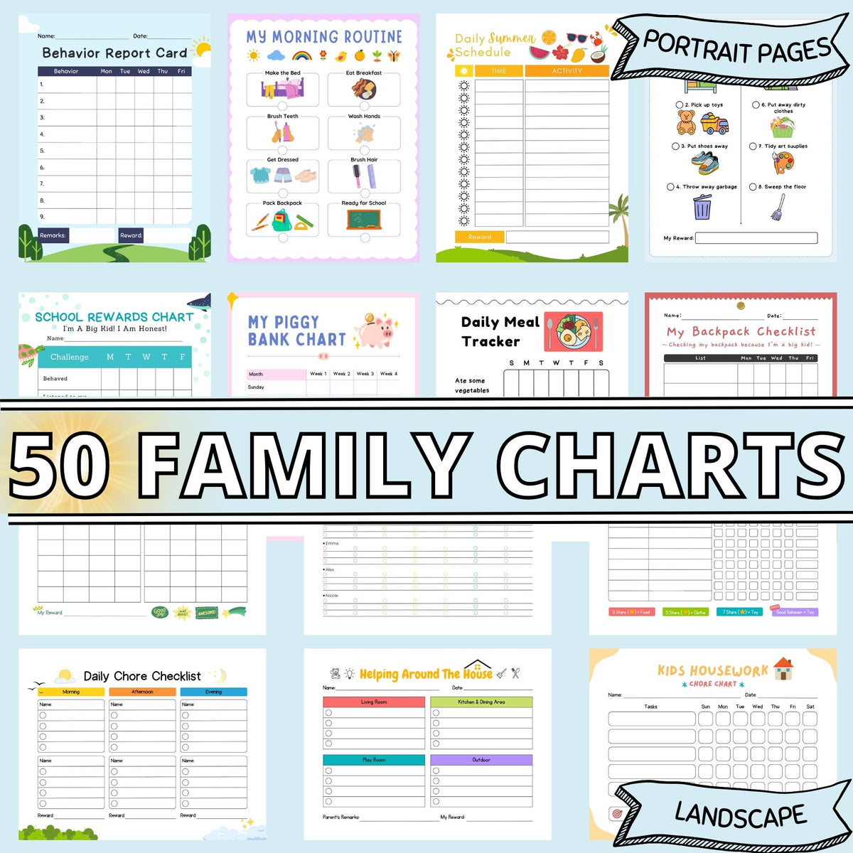 14 poster charts of various household chores, checklists and other organisational tasks for children, complete with playful illustrations, against a light blue background.