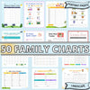 14 poster charts of various household chores, checklists and other organisational tasks for children, complete with playful illustrations, against a light blue background.